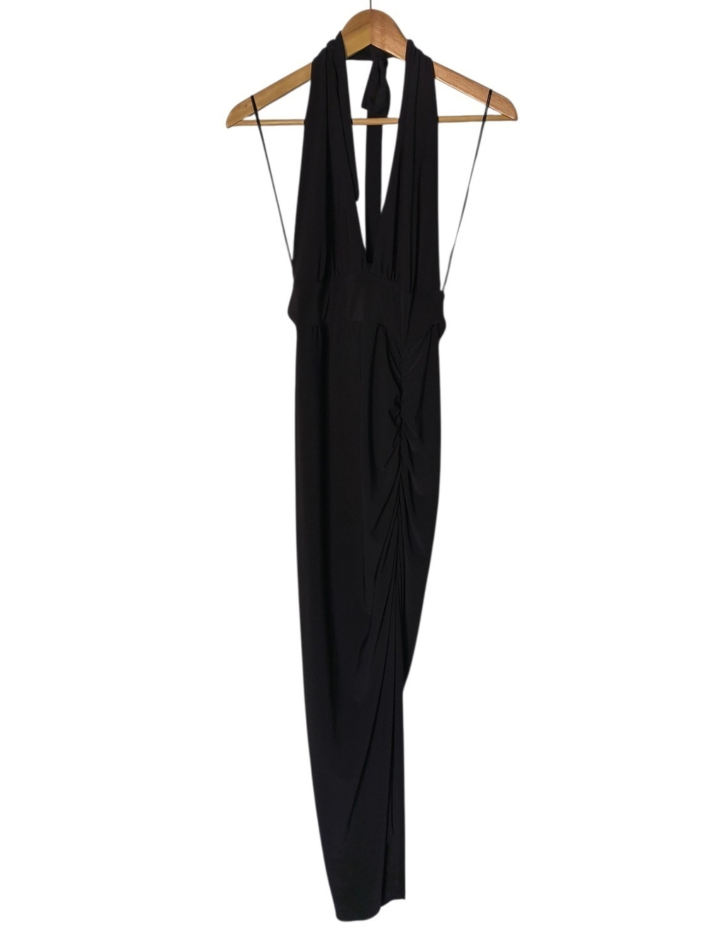 Black Halter Ruched Maxi Dress With Thigh Slit